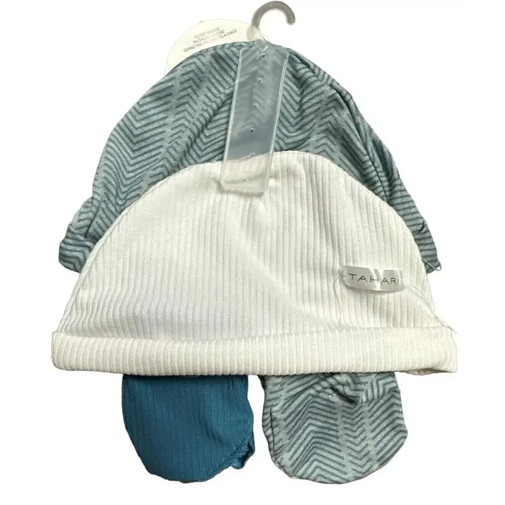Tahari Baby Cap & Mitt Set - 2 Caps and 2 Pairs Mitts - One Size 0-3M Blue/White